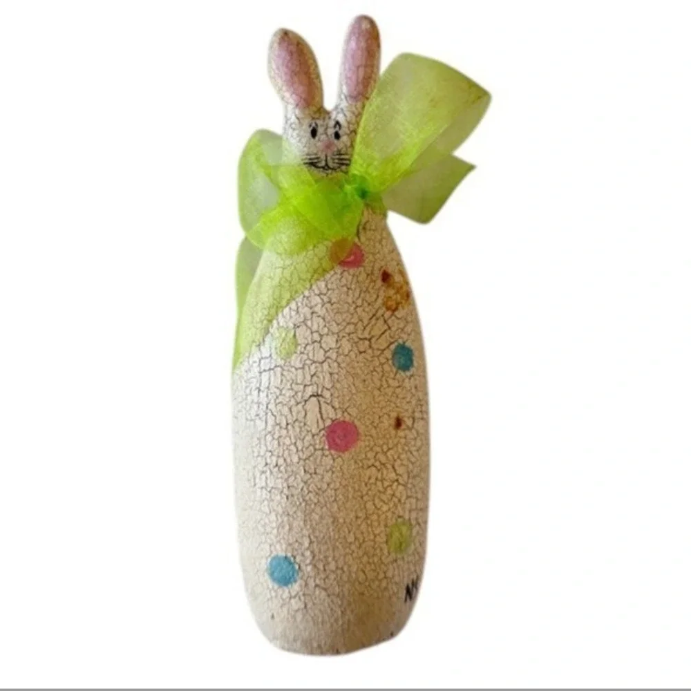 Rustic Easter Bunny Figurine Crackle Finish Farmhouse Spring Handmade Art Signed